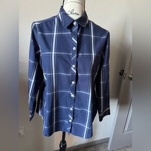 Foxcroft Dark Blue windowpane no Iron Plaid Shirt 12